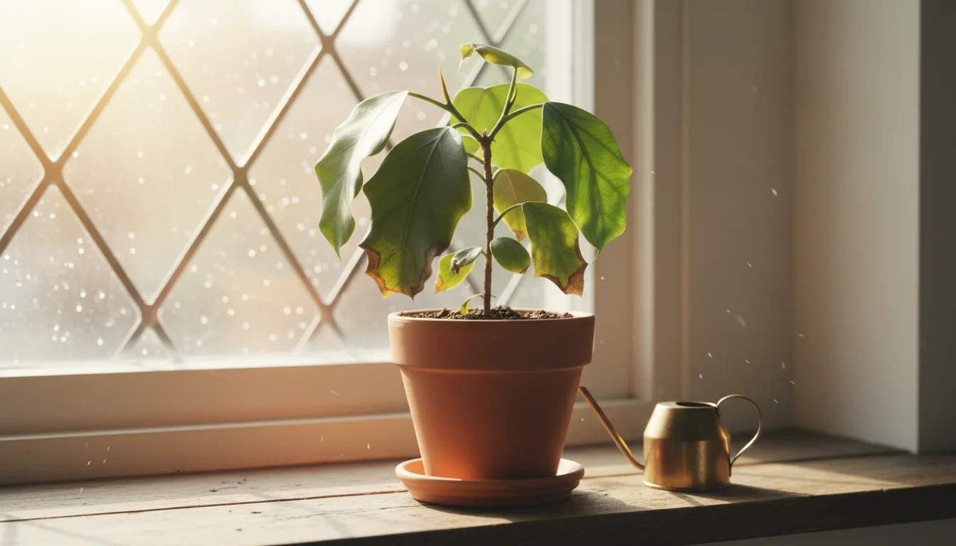 A small, slightly droopy Ficus lyrata 'Bambino' plant in a terracotta pot on a windowsill, with dry, cracked soil and crispy leaf edges.
