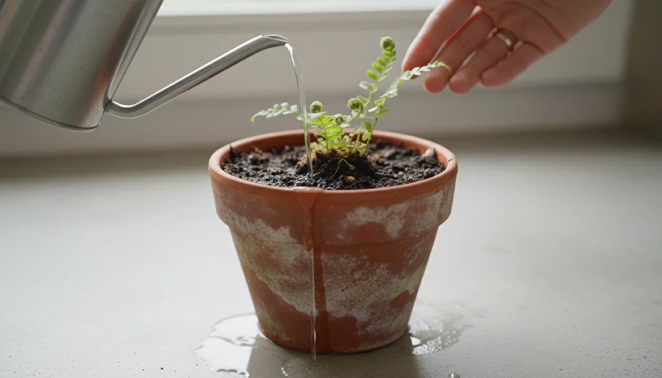 A small, slightly droopy plant in a terracotta pot with water immediately running down the pot's side into the saucer, bypassing the dry soil.