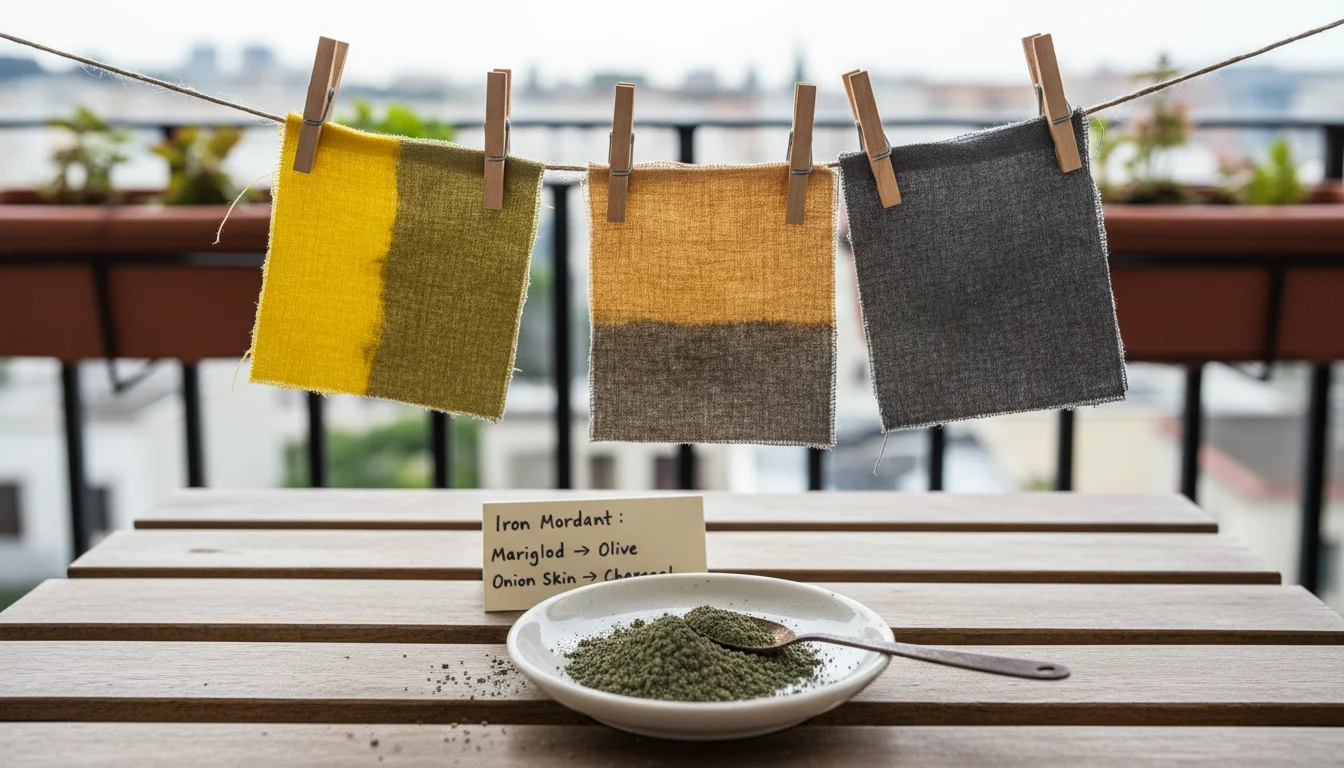 Small fabric swatches showing marigold and onion skin dye colors, some deepened by iron, hang on a miniature clothesline on a balcony.