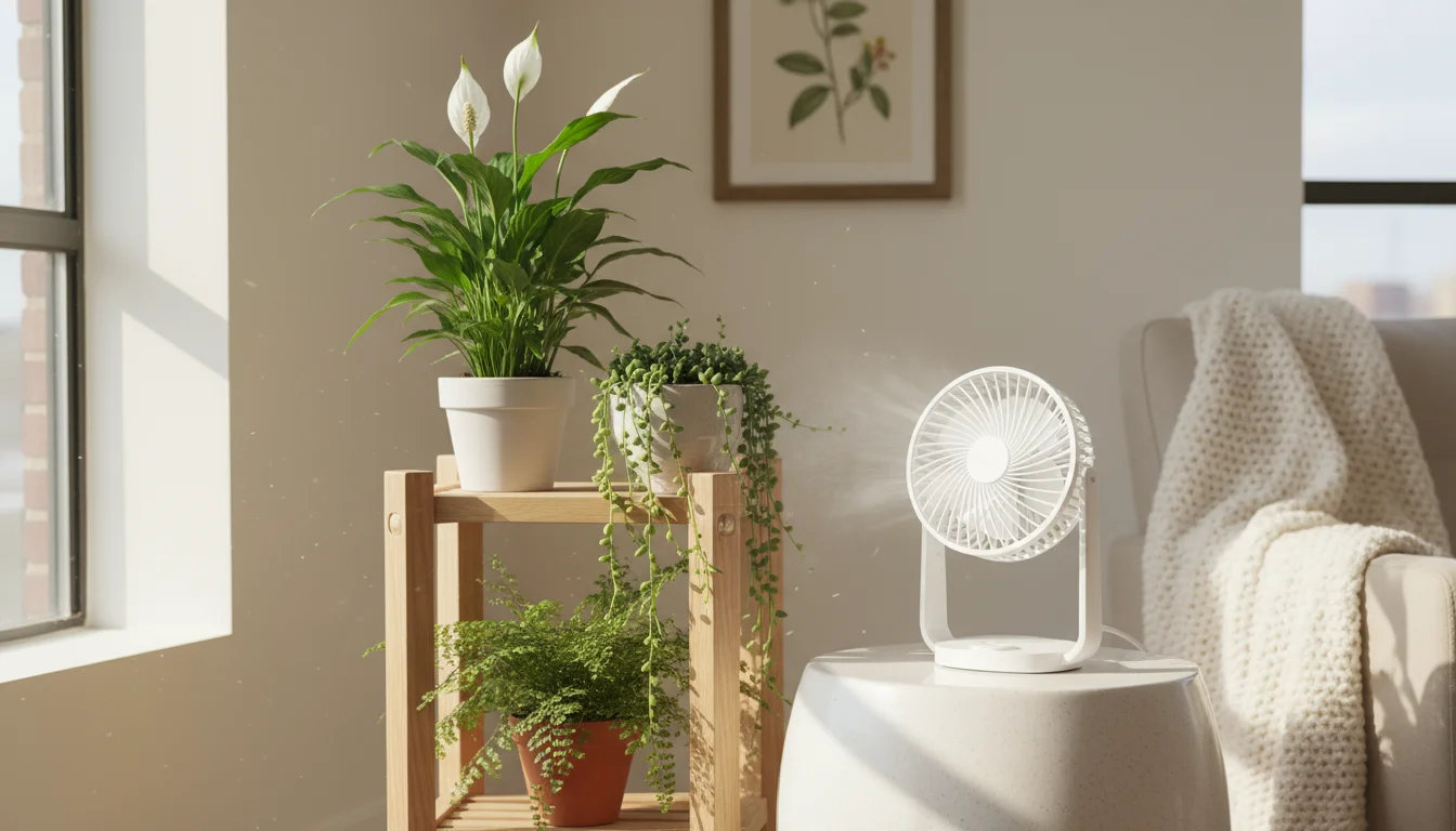 A small fan provides air circulation for an arrangement of potted indoor plants on a shelf, including a peace lily and string of pearls.