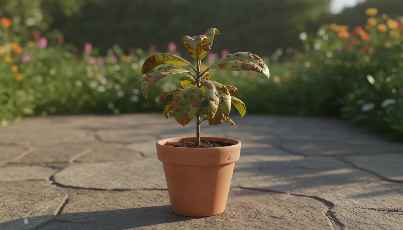 A small Ficus elastica in a terracotta pot on a patio, its leaves discolored and covered in unsightly brown, corky edema blisters.