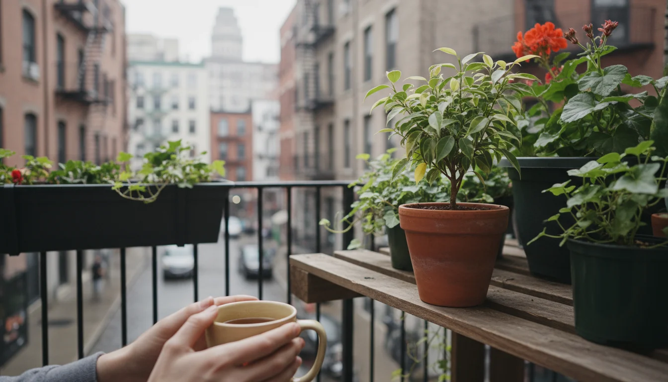 A small ficus plant on a balcony shelf shows subtle yellowed leaves after repotting. Hands holding a mug observe it.