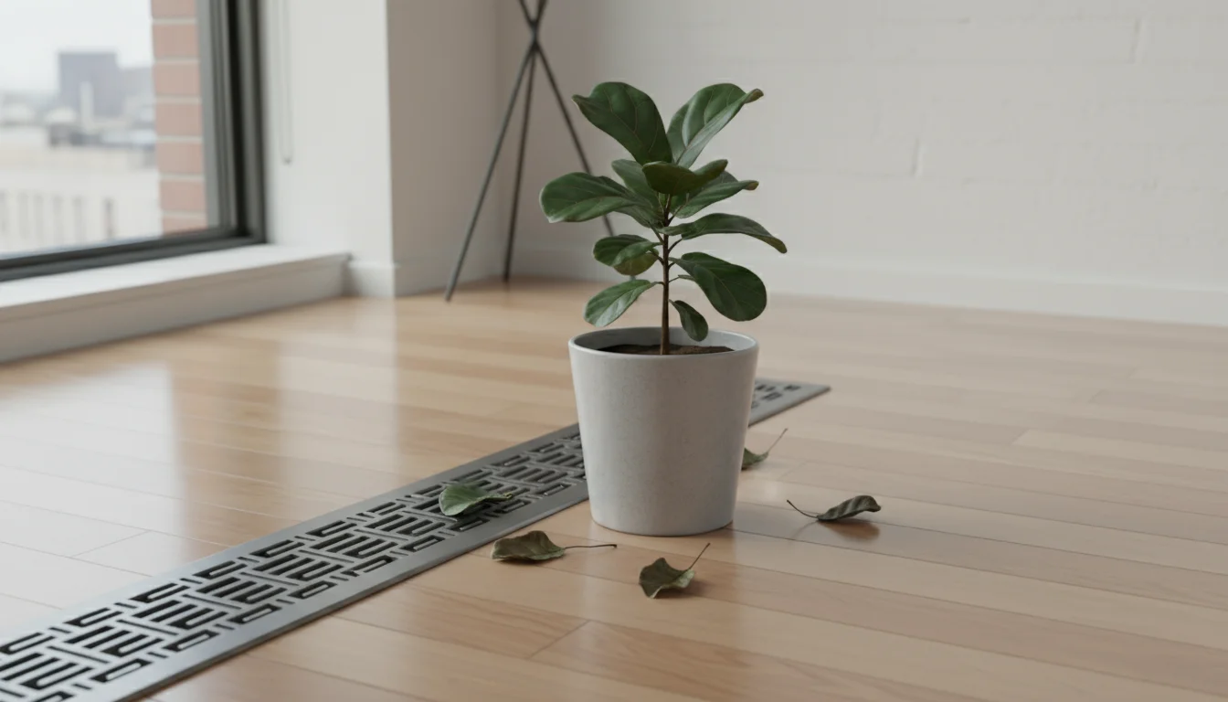 A small Fiddle Leaf Fig plant in a grey pot sits too close to a floor heating vent, surrounded by its fallen, dry leaves.