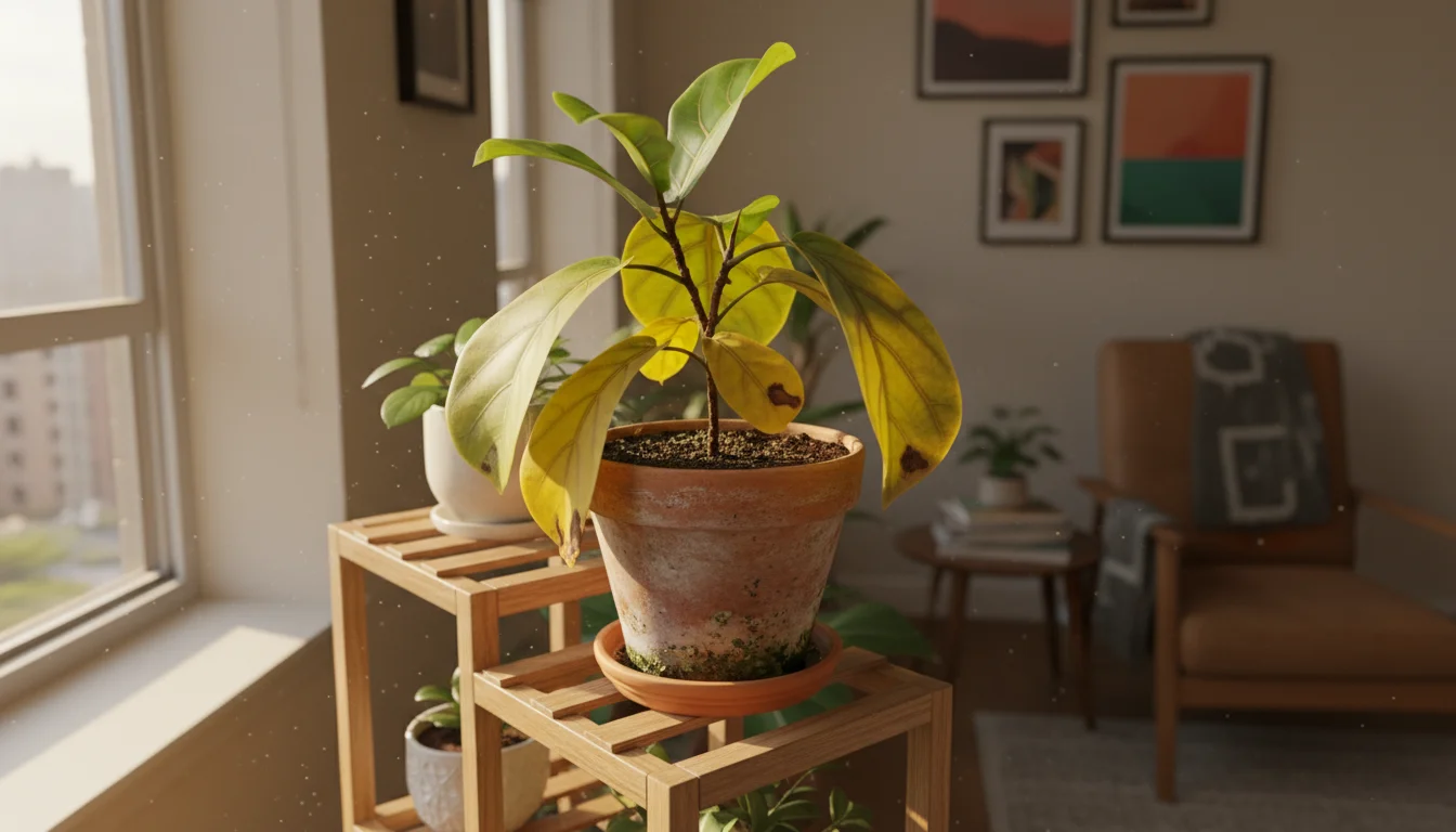 A small Fiddle Leaf Fig plant on a wooden stand with bright yellow lower leaves and noticeably wet, dark soil, surrounded by a few tiny fungus gnats.