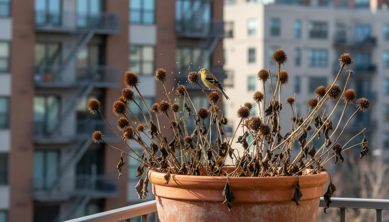 A small finch perches on dried coneflower stalks in a terracotta pot on a balcony, pecking at seeds.