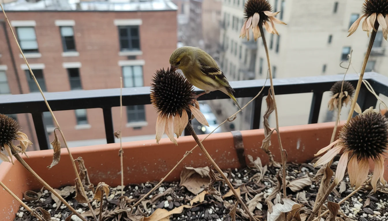 A small finch perches on the dried seed head of a purple coneflower in a weathered terracotta planter on an urban balcony.