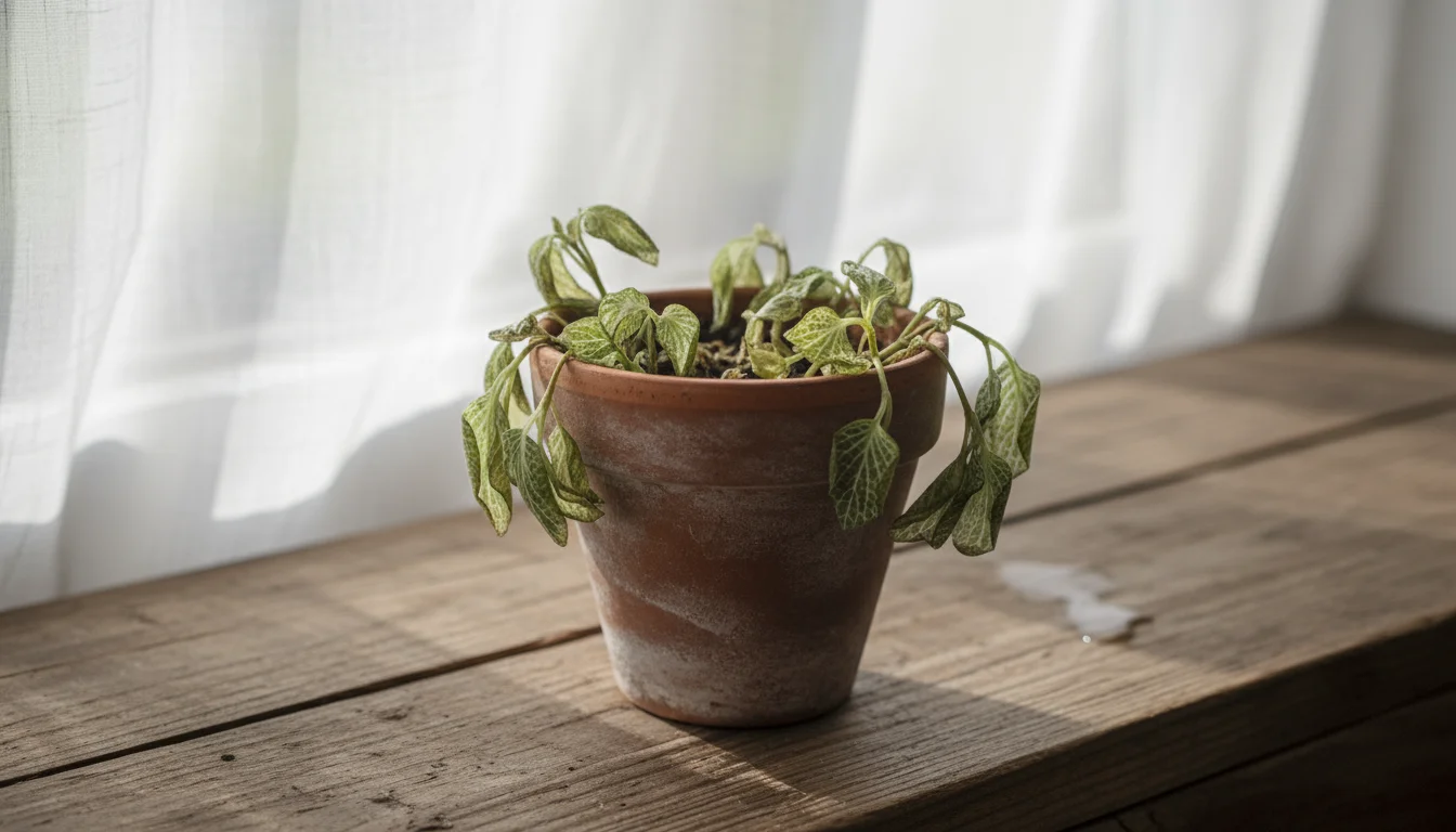 A small Fittonia plant with drooping, curled leaves sits on a wooden windowsill, a sheer curtain billowing inwards from a drafty window behind it.