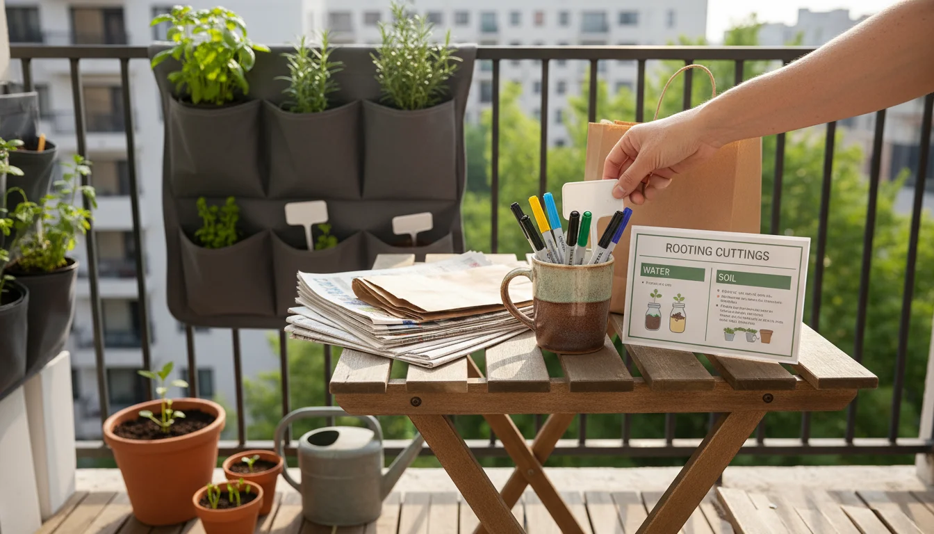 A small folding table on an apartment balcony serves as a resource station, featuring plant labels, pens, newspaper, and a card with propagation tips.