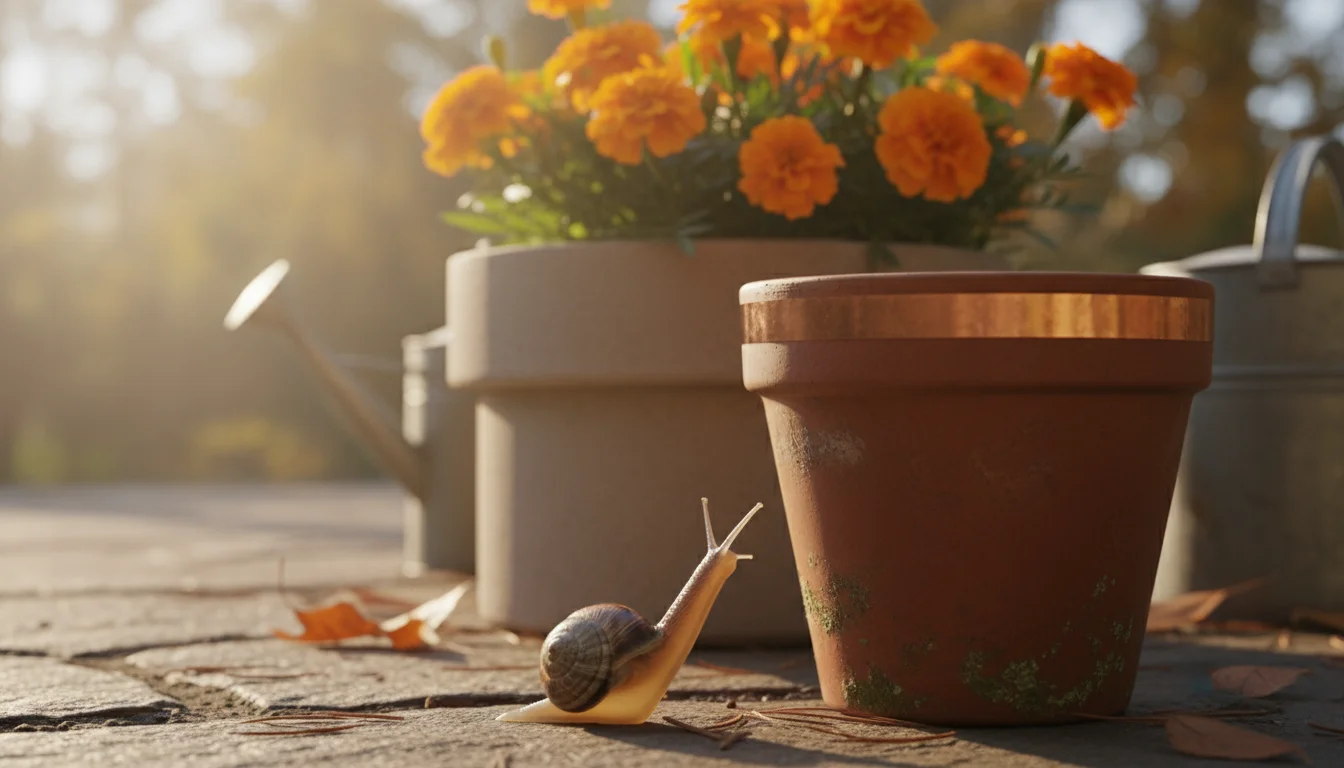 A small garden snail on a patio path, cautiously approaching a terracotta pot banded with shiny copper tape. Blurred orange marigolds are visible in t