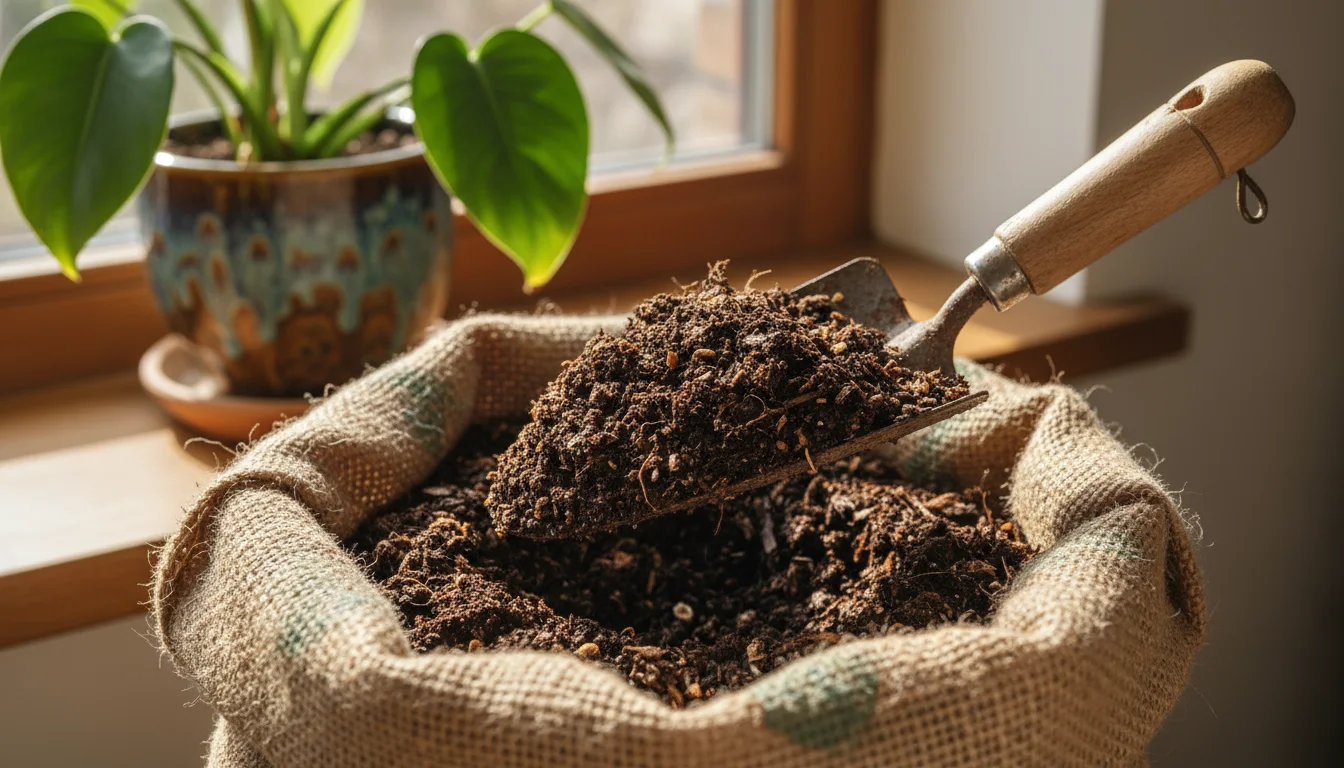 Close-up of a small garden trowel scooping dark, crumbly compost from an open bag, with a houseplant in soft focus behind it.