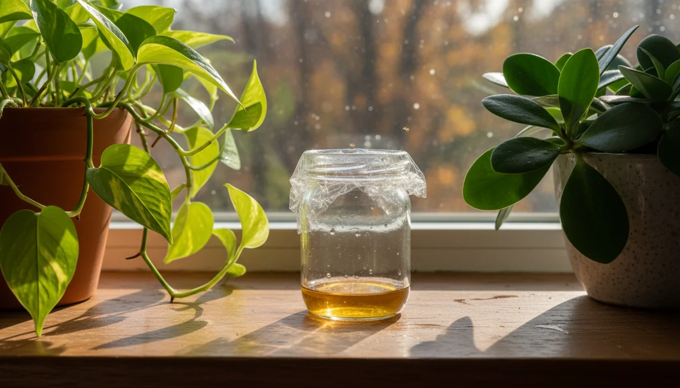 A small clear glass jar with an apple cider vinegar trap sits on a wooden window sill between two potted houseplants, catching fungus gnats.