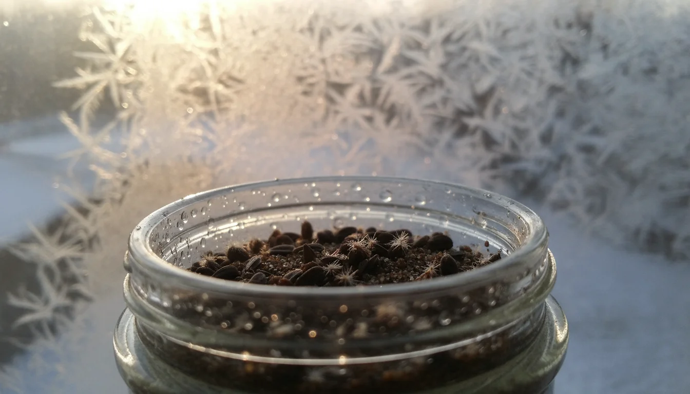 Small, clear glass jar containing tiny seeds nestled in moist sand, with a frosted window visible in the soft background.