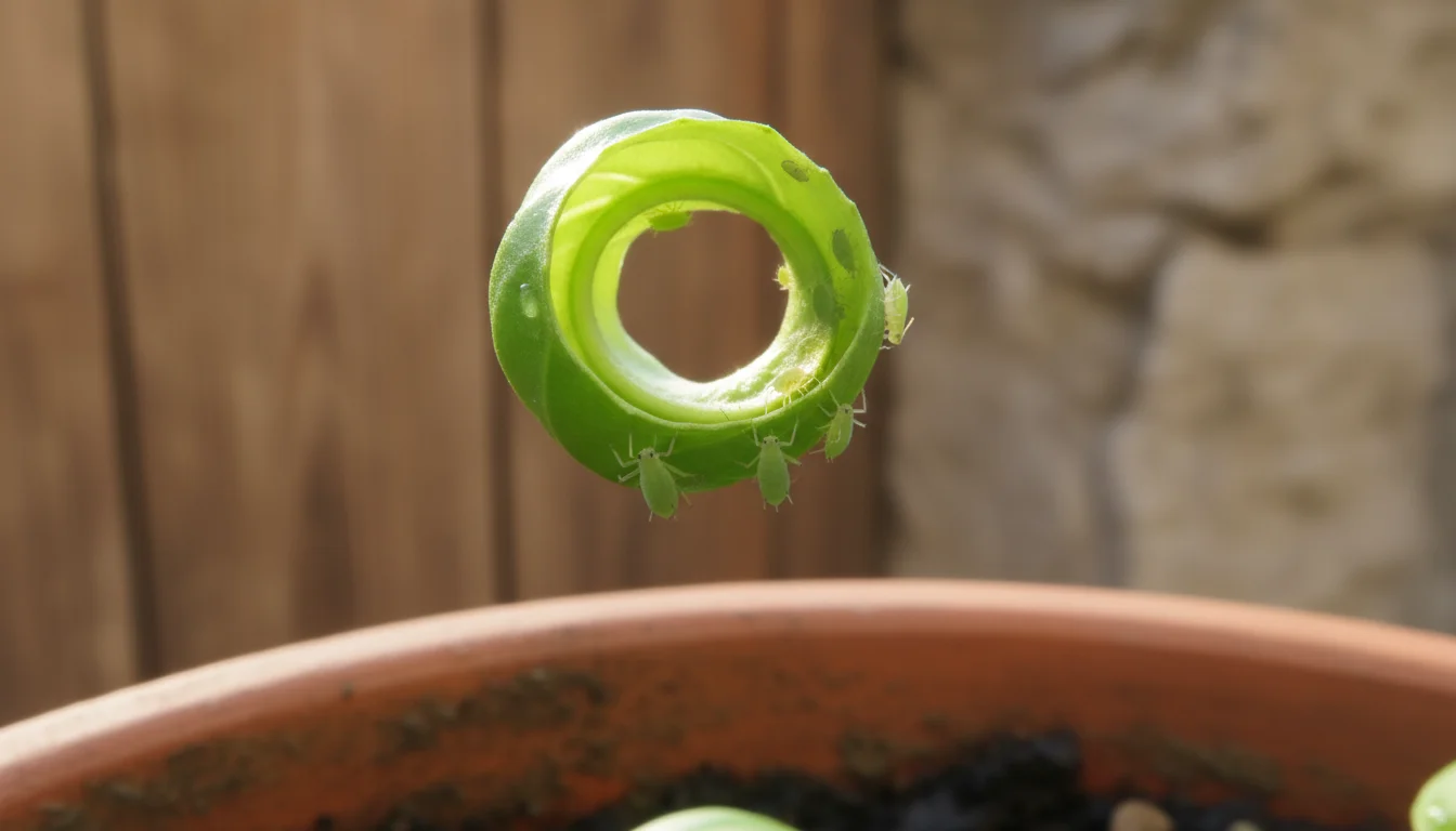 Close-up of small green aphids clustered on a curled basil leaf in a terracotta pot, showing early pest damage.