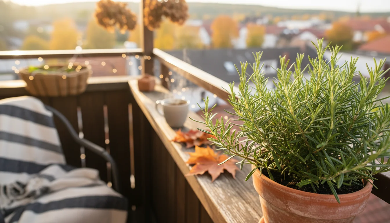 Close-up of small green aphids clustered on a tender stem of a potted rosemary plant on a balcony in autumn.