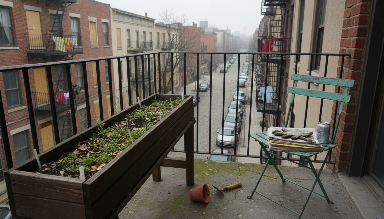 Small green seedlings and a succulent in balcony containers show damp fallen leaves touching their bases, hinting at potential problems.