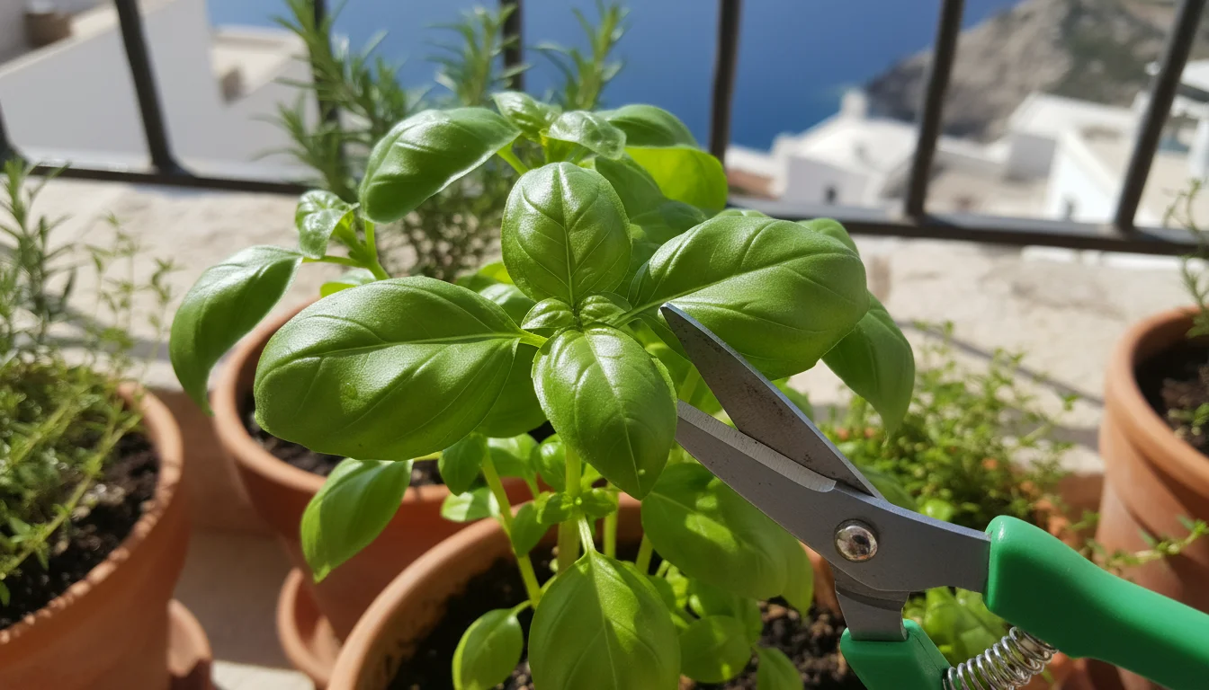 Small green snips poised to cut a basil stem just above two leaves, highlighting the tiny growth buds in their axils.