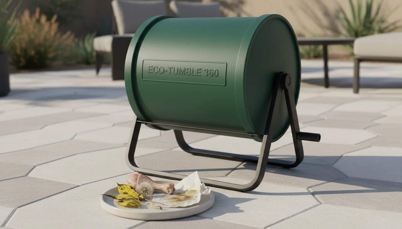 A small, green tumbling composter on a patio, with a plate of materials to avoid, including a chicken bone, diseased leaves, and weeds, next to it.