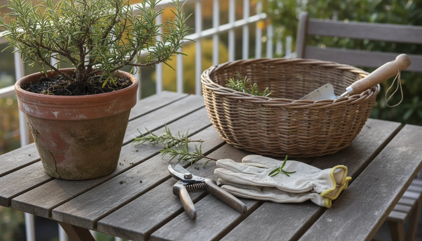 Small hand pruners, gardening gloves, and a wicker basket on a wooden table next to a potted rosemary plant.