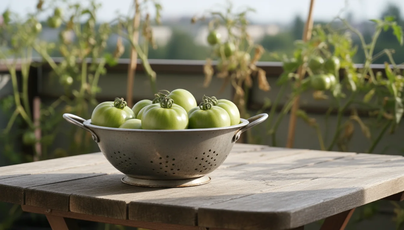A small harvest of firm green tomatoes in a metal colander on a worn wooden balcony table, with container tomato plants blurred in the background.