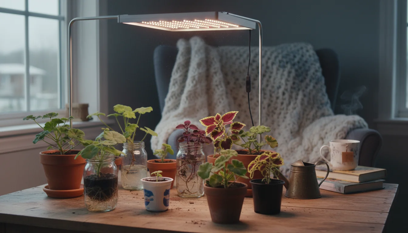 Small, healthy geranium and coleus cuttings in tiny pots on a wooden shelf, lit by a compact LED grow light. A hand gently mists a plant.