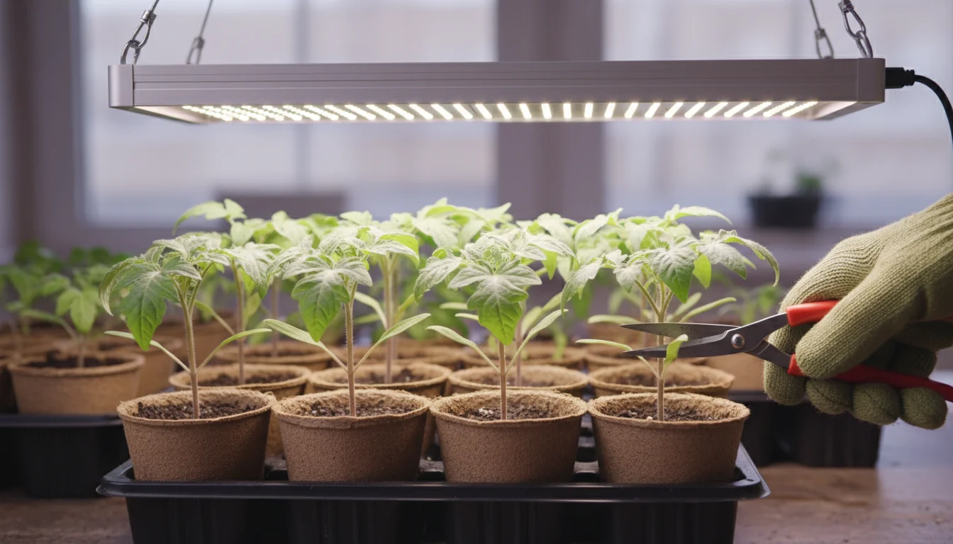 Small, healthy tomato seedlings in biodegradable pots under an LED grow light, with a hand holding snips preparing to thin them.