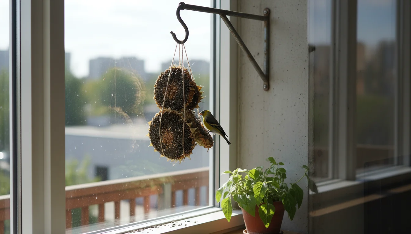 A small, homemade bird feeder hangs inches from a balcony window, suspended by an extended hook above the railing. A finch feeds.