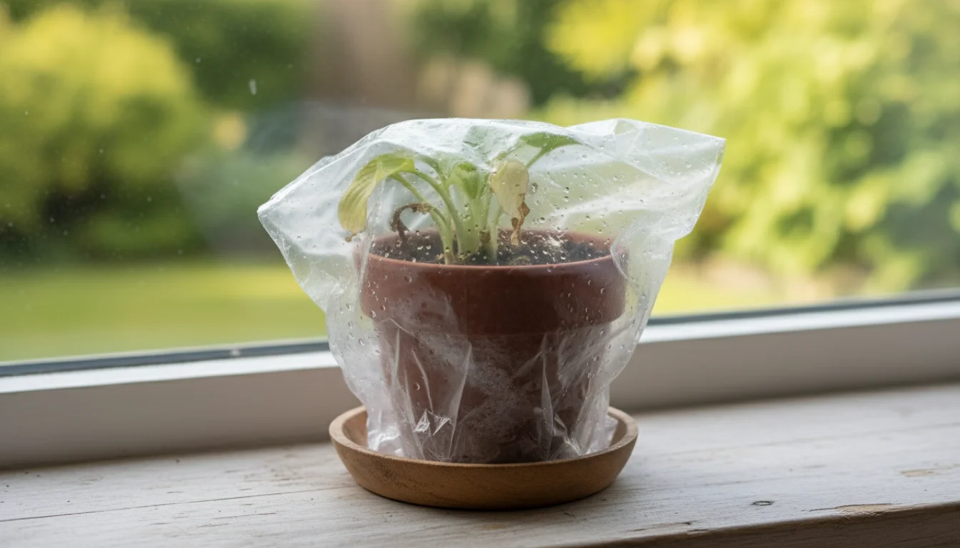 A small hosta plant showing signs of wilting inside a terracotta pot, covered by a clear plastic bag to increase humidity on a patio table.