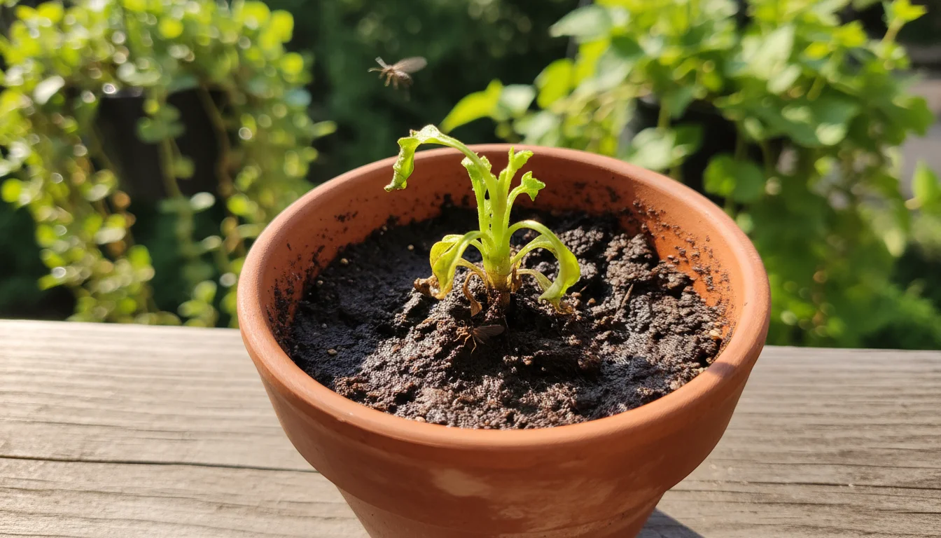 A small houseplant in a terracotta pot sits on a wooden balcony railing. Two tiny fungus gnats are visible near the plant's soil.