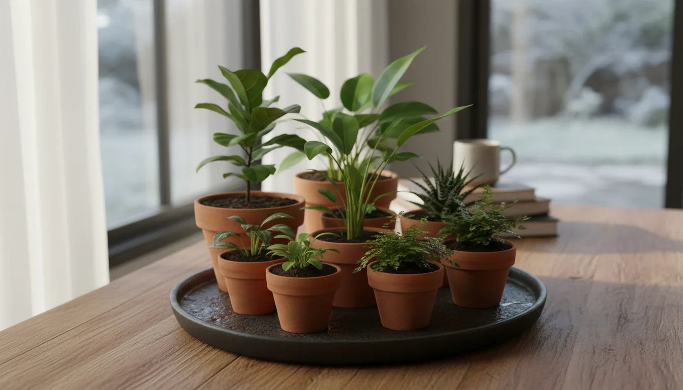 Small houseplants in assorted terracotta pots arranged closely together on a damp pebble tray, sitting on a wooden windowsill.