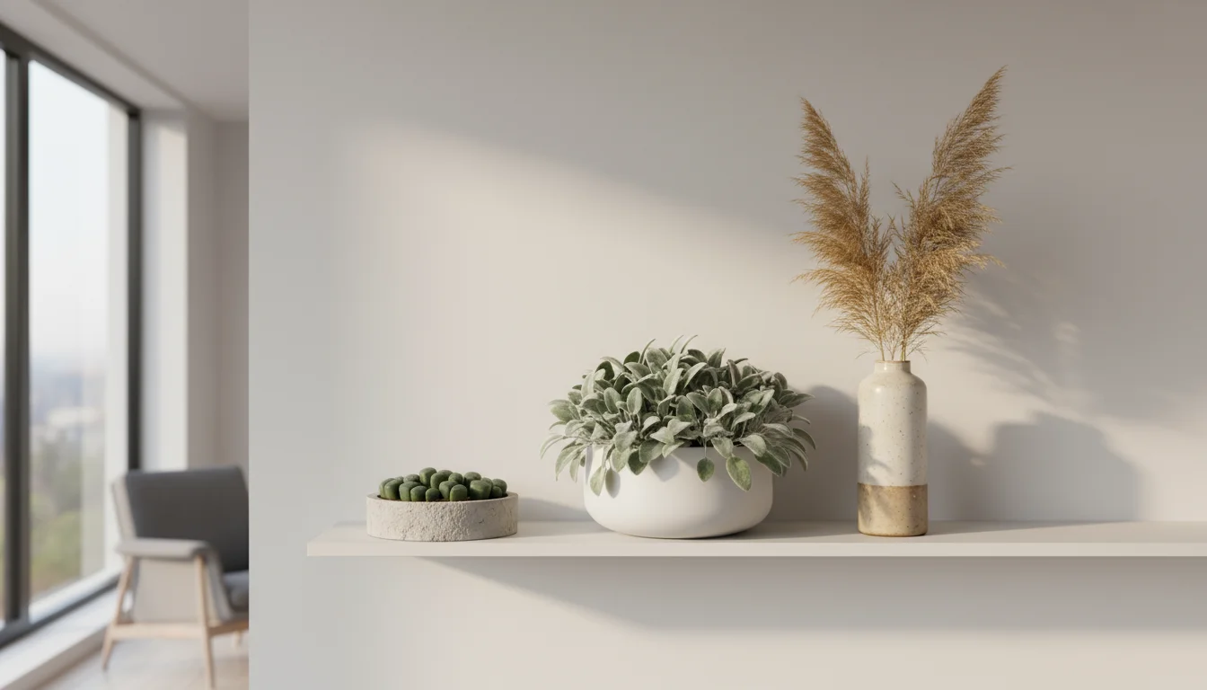 A small indoor garden display featuring a potted Lamb's Ear, a vase of Pussy Willow branches, and an Aloe Vera plant on a light shelf, showcasing thei