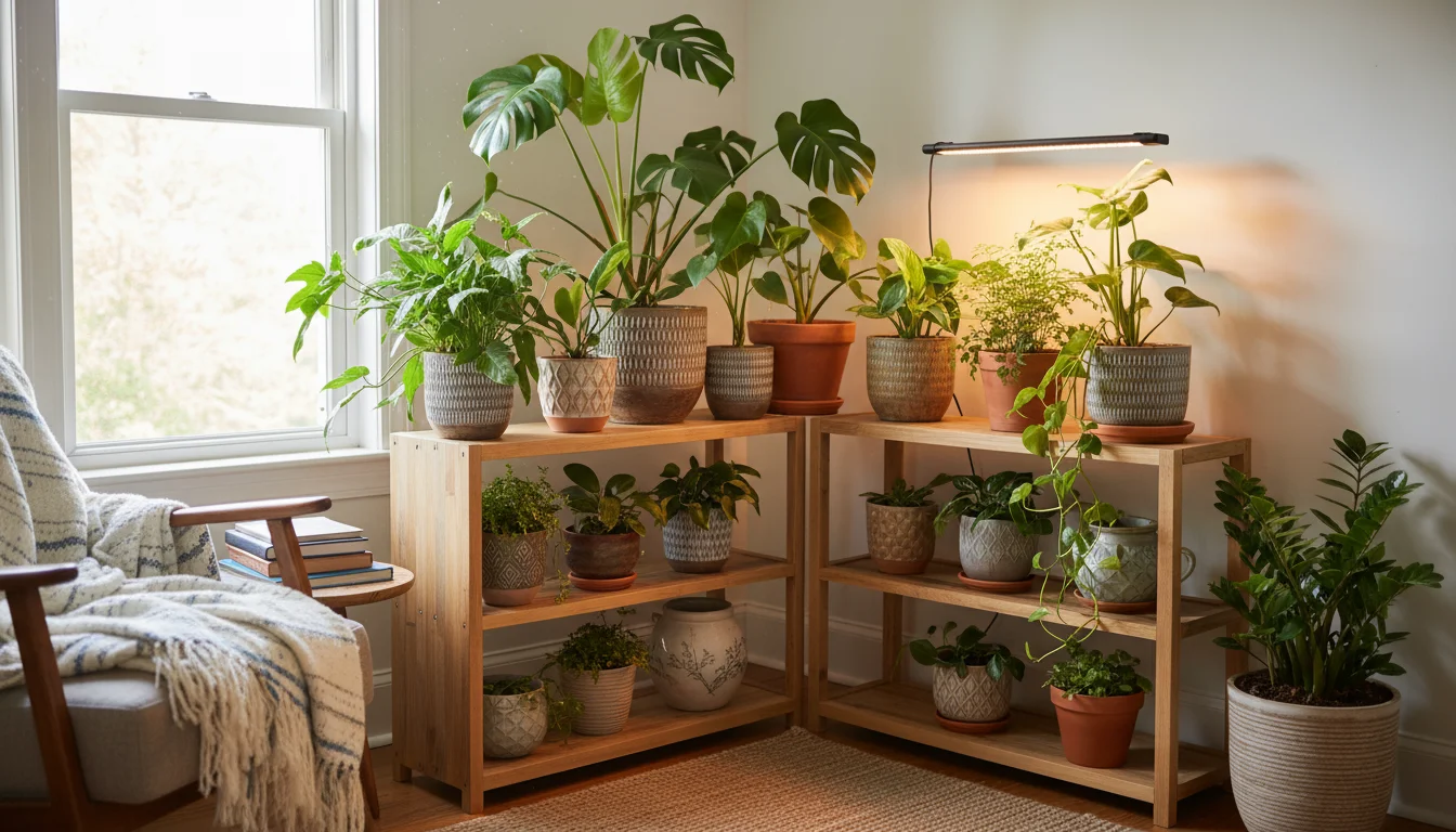 A small indoor plant shelf with lush tropical plants under a warm grow light, illuminated by natural window light.