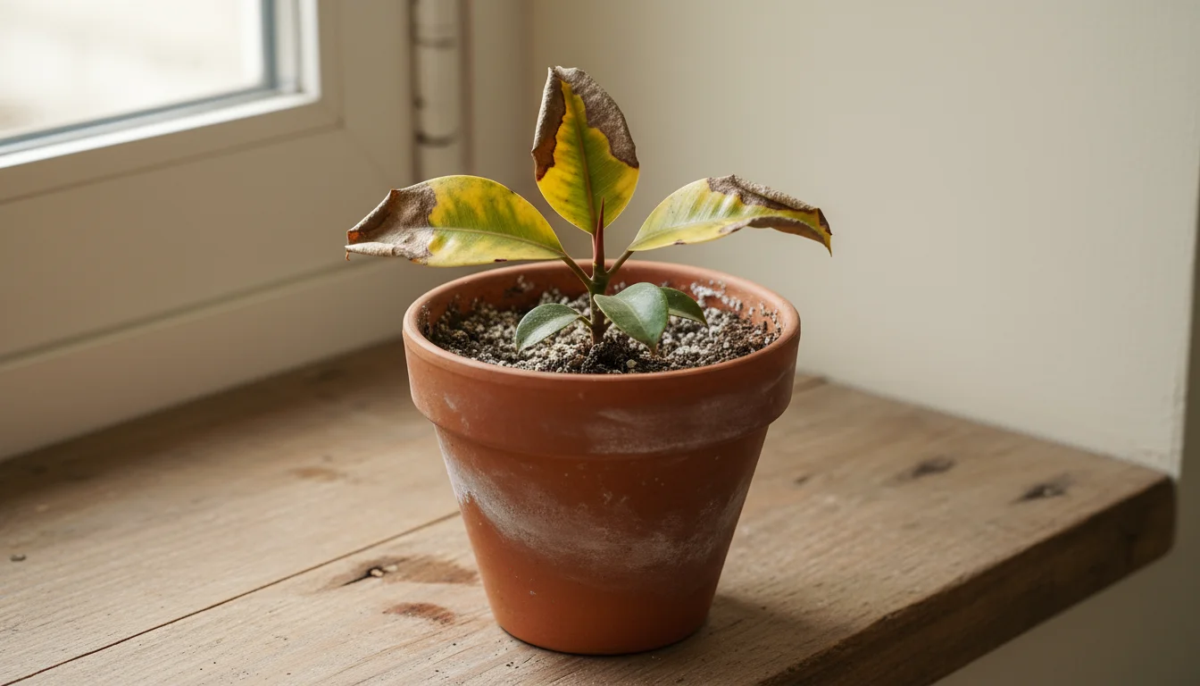 A small indoor plant with yellowing leaves and brown, crispy edges sits in a terracotta pot on a windowsill, showing signs of distress.