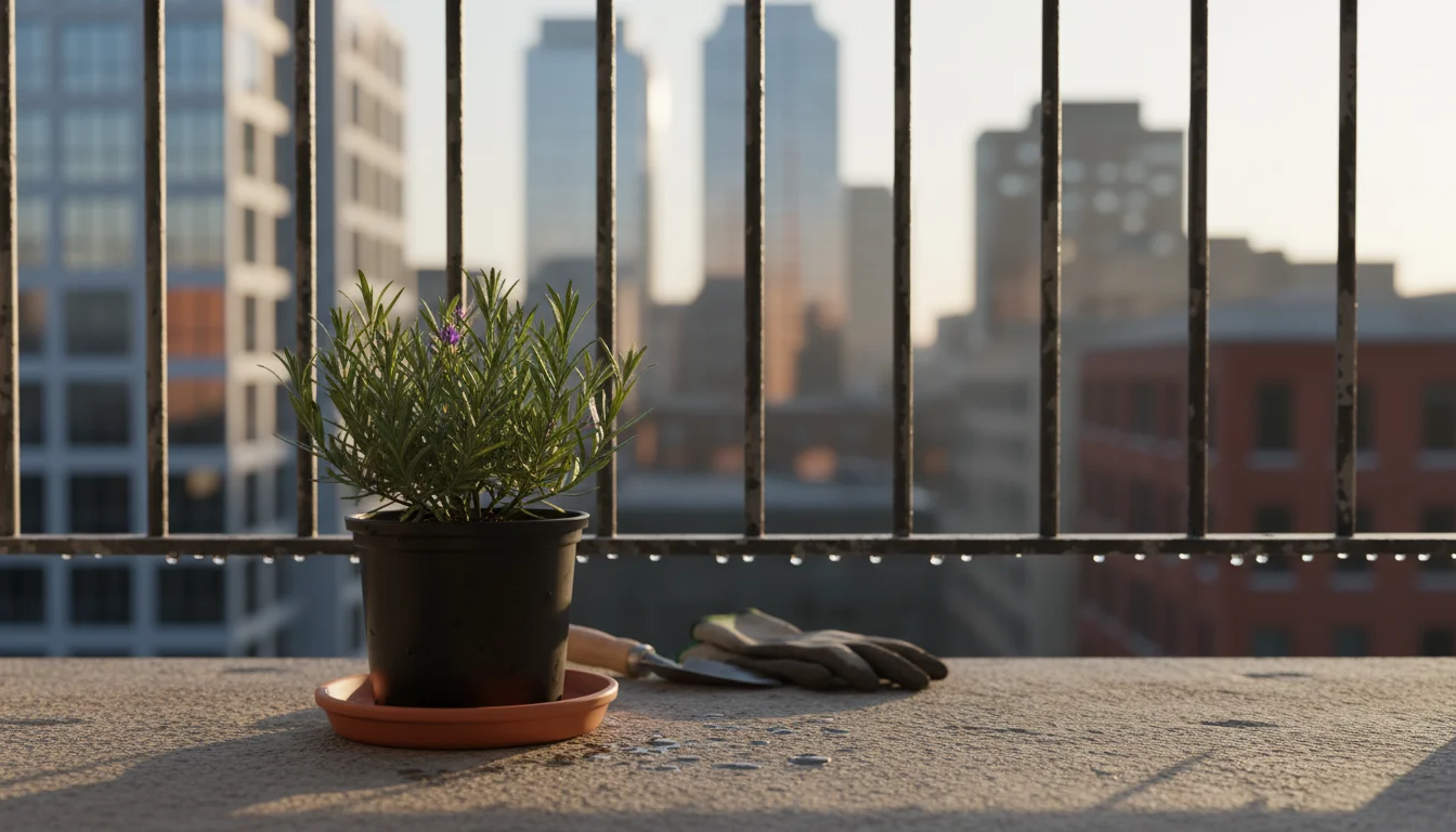 A small lavender plant in a black nursery pot sits on a concrete balcony, half in morning sun, half in shadow, acclimatizing.