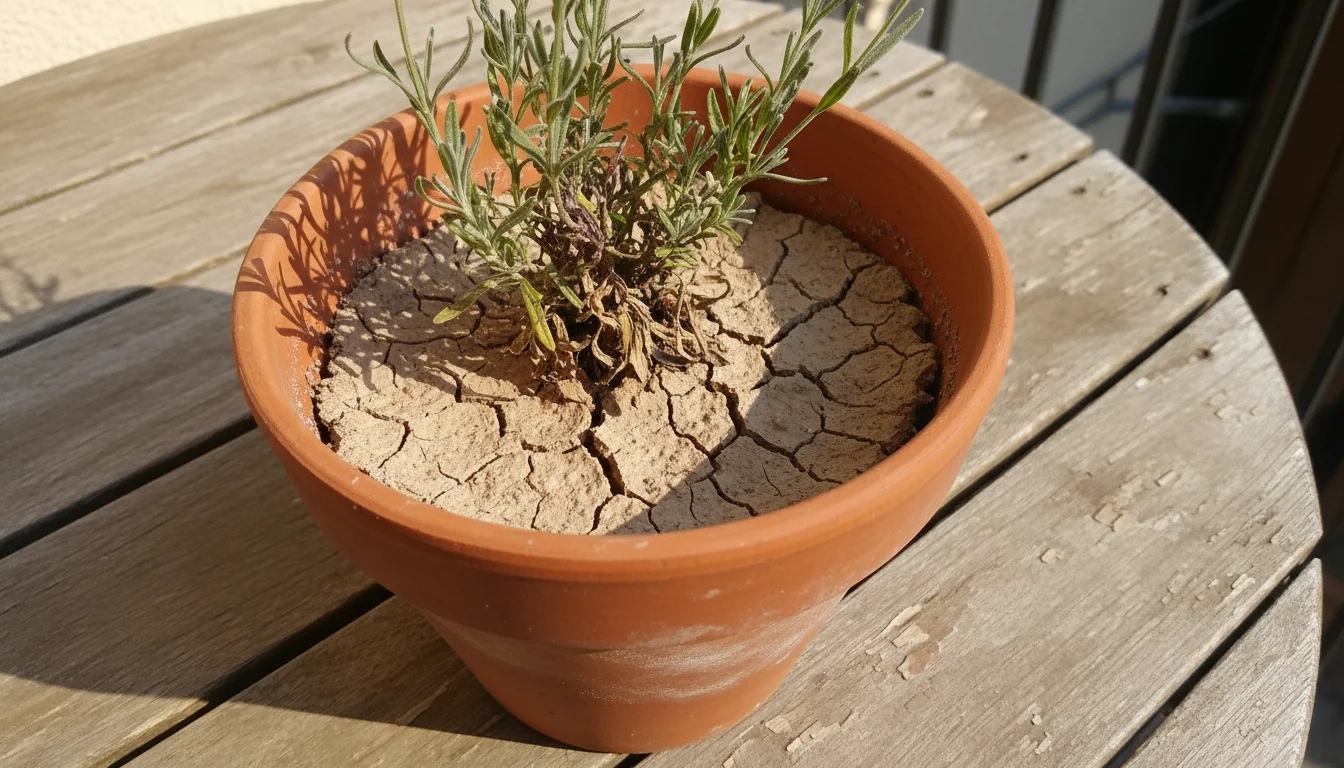 Small lavender plant in a terracotta pot on a wooden table. Its lower leaves are yellowed and crisp, and the dry soil has shrunk away from the pot edg