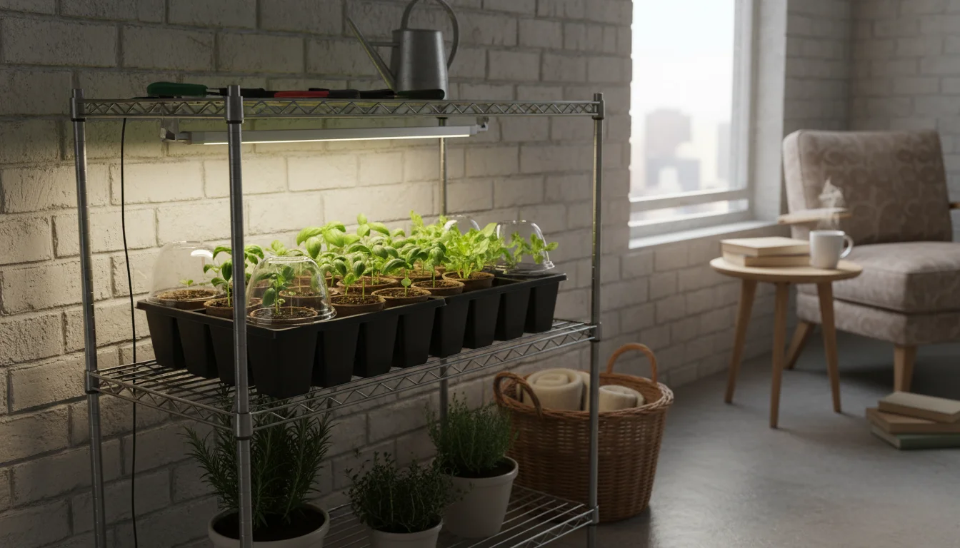 A small LED grow light illuminates young basil and lettuce seedlings on a compact wire shelf, with an open gardening notebook displaying handwritten q