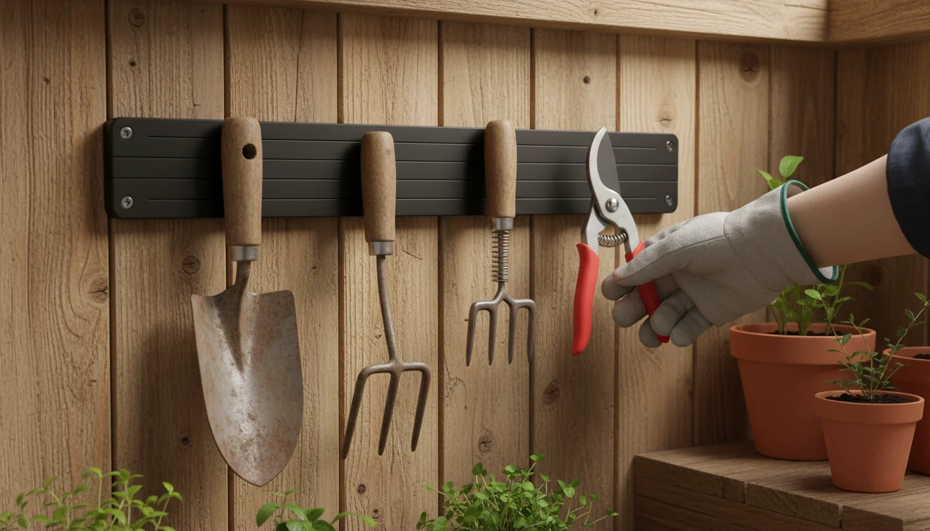 Close-up of small metal gardening tools (trowel, cultivator, snips) magnetically attached to a wall strip in a patio garden.