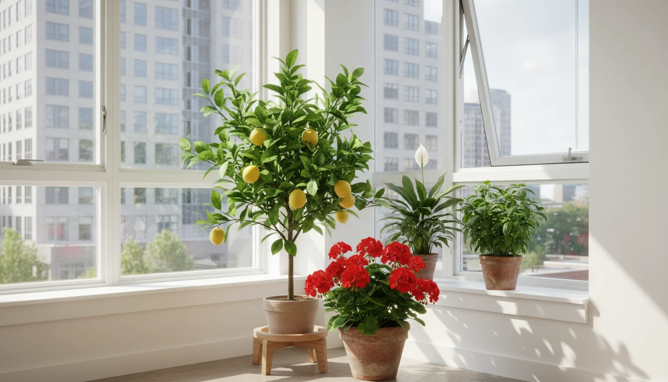 Small Meyer lemon tree, red geranium, peace lily, and basil plants thriving indoors by a window.