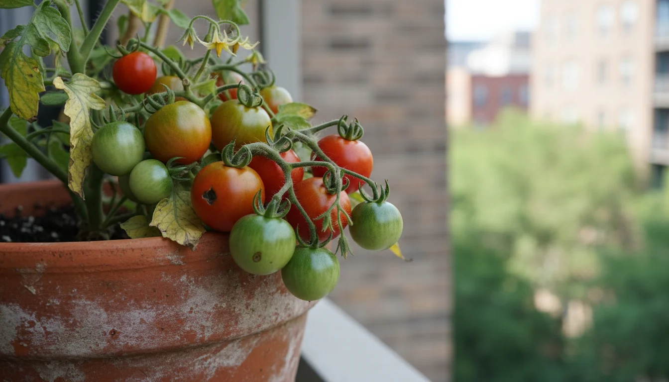 Close-up of small, misshapen tomatoes growing on a container plant in a terracotta pot on an urban balcony, showing unpredictable results.