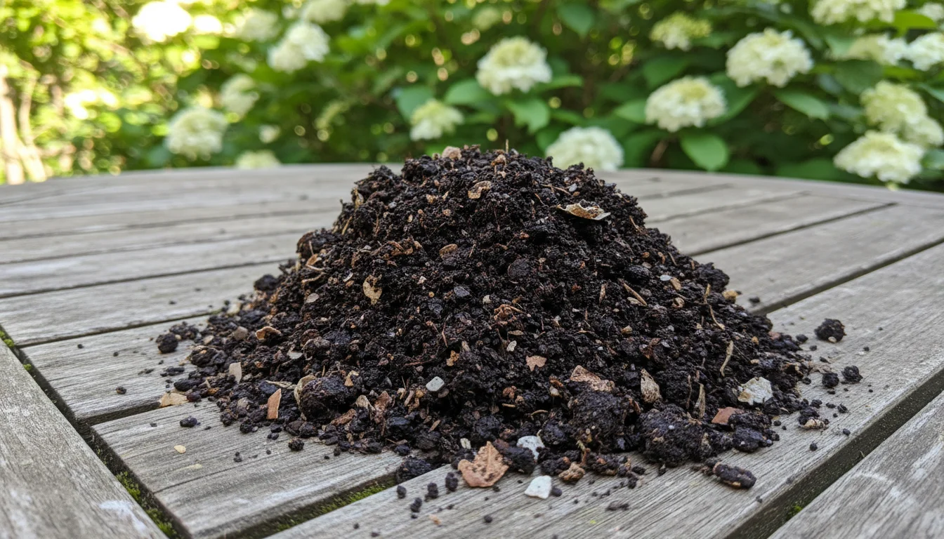 Close-up of a small mound of dark, rich, crumbly compost on a weathered patio table, with blurred container plants behind.