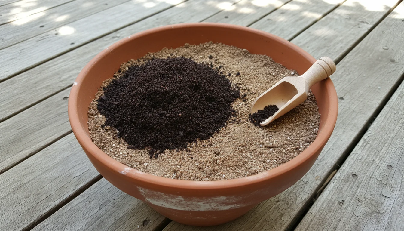 A small mound of dark, rich worm castings sits prominently on the soil surface of a terracotta pot, next to a wooden scoop.