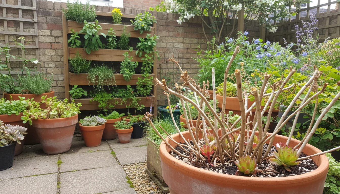 A small native bee explores dried stems of a Sedum plant in a terracotta pot, surrounded by other diverse containers and a vertical herb garden on a s