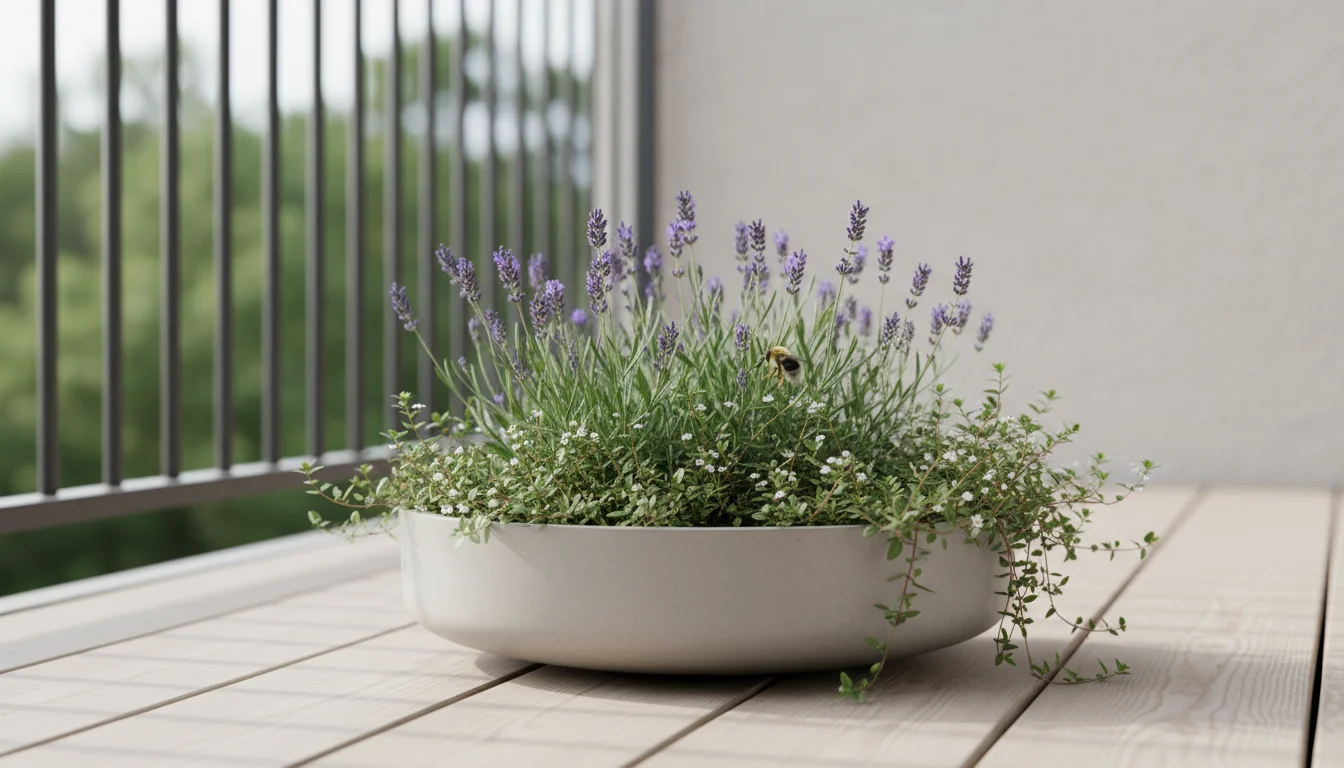 A small native bee gently sips nectar from lavender flowers in a minimalist grey ceramic planter on a clean wooden deck.