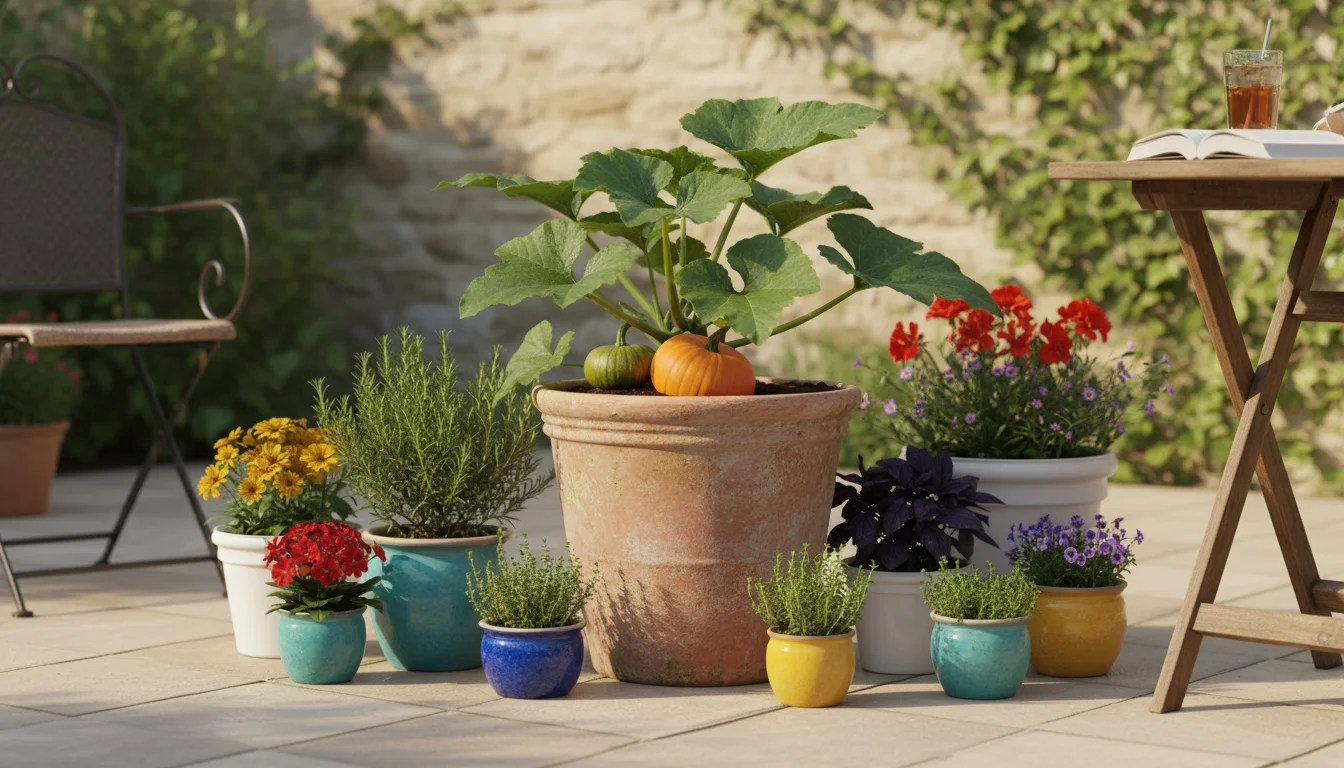 A small orange pumpkin grows in a terracotta pot on a sunlit patio, surrounded by other container plants and a gentle hand.