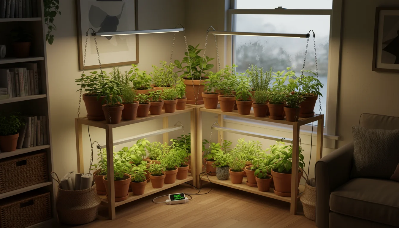 A small, organized indoor plant setup under modern LED grow lights. Various potted plants are arranged on a shelf with a visible light timer.