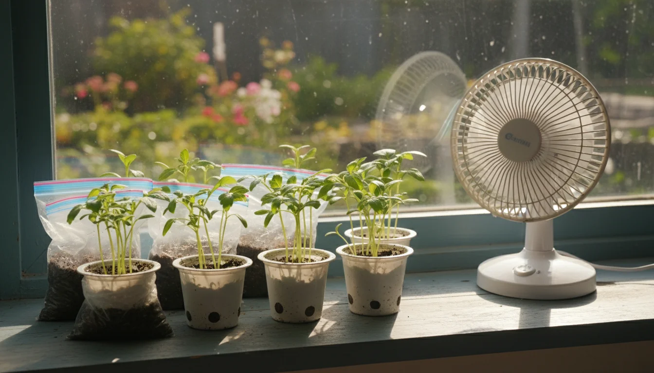 Small oscillating fan gently blows air over young green seedlings sprouting in ziplock bags and recycled cups on a sunny windowsill.