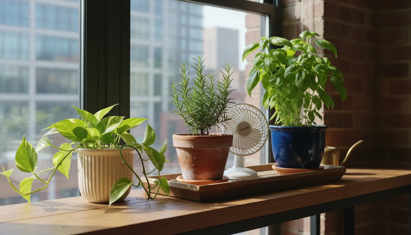 Small oscillating fan circulating air among spaced potted rosemary, basil, and pothos plants on an indoor windowsill.