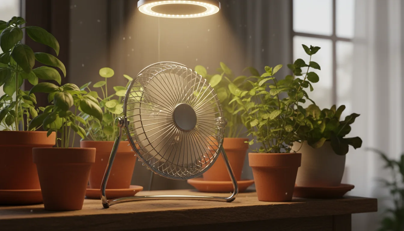 Small oscillating fan gently moves air around diverse green herbs and leafy greens in terracotta and ceramic pots on a wooden indoor grow shelf.