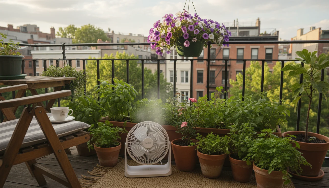 A small oscillating fan provides gentle air circulation among various potted herbs and flowers on a compact urban balcony.