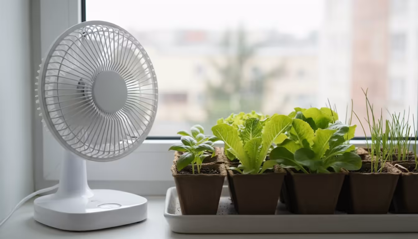 A small oscillating fan provides gentle air circulation for bright green seedlings in various small pots on an apartment windowsill.