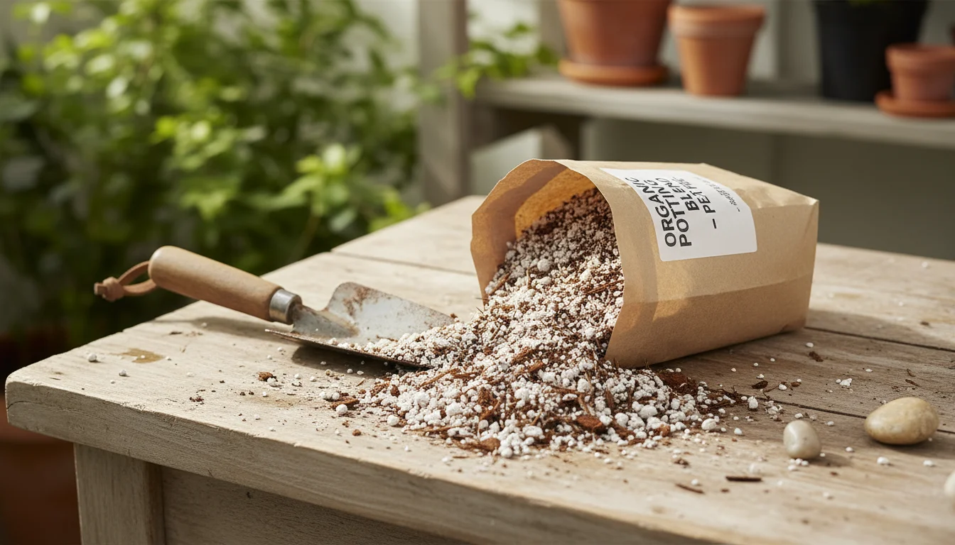 Small, partially opened bag of peat-free potting mix with a metal trowel, an empty terracotta pot, and a jar of coco coir on a wooden surface.
